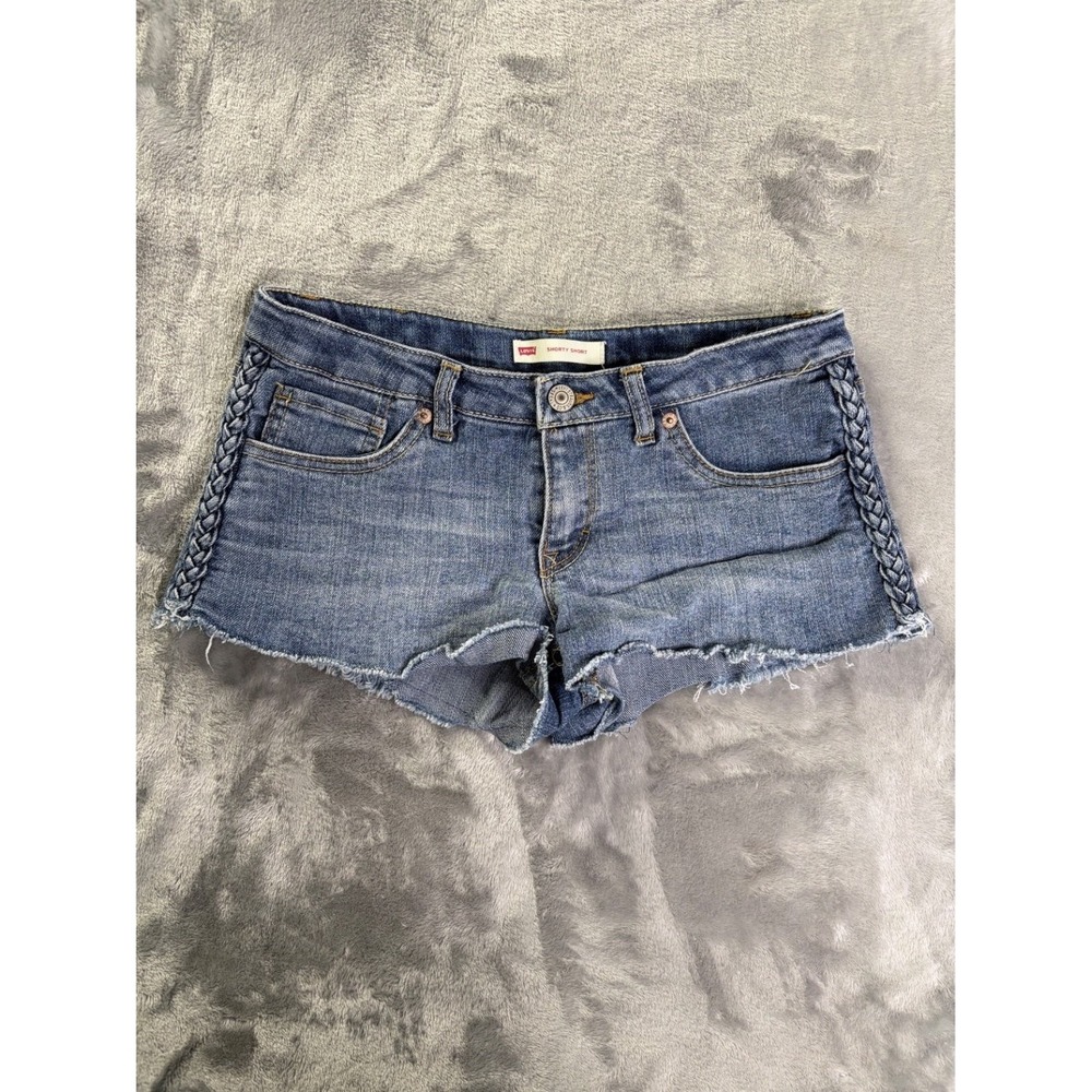 Levi's Shorty Short Denim Shorts Girls 14 Reg Blue Cutoff Braided Trim Stretch